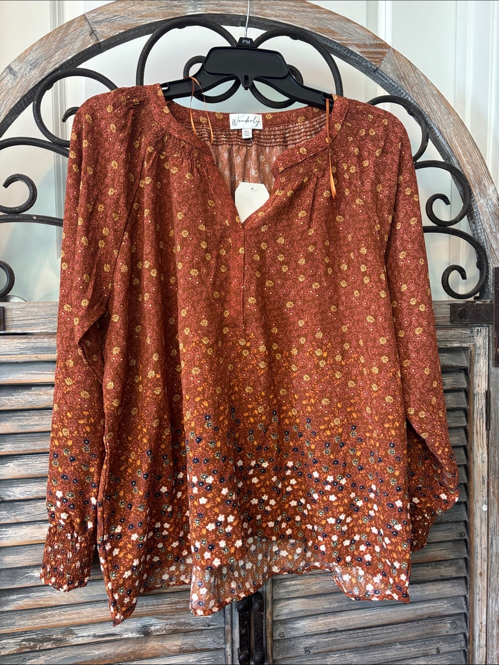 Wonderly Rust Floral Buttonless Peasant Blouse
